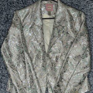 Old Navy Blazer Womens XL Silver Metalic Floral Shiny Jacquard Brocade Grandma
